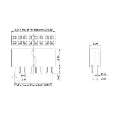 Dessin technique d'un connecteur électronique. Présente des contacts sur deux rangées avec les dimensions suivantes : longueur 2,54 mm, hauteur 8,50 mm.