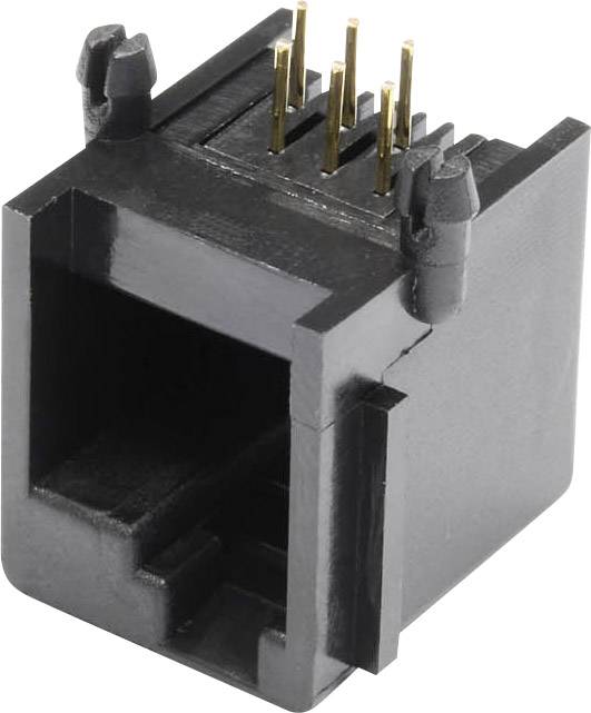 Connecteur RJ45 noir avec contacts métalliques, couramment utilisé pour les connexions Ethernet dans les réseaux.
