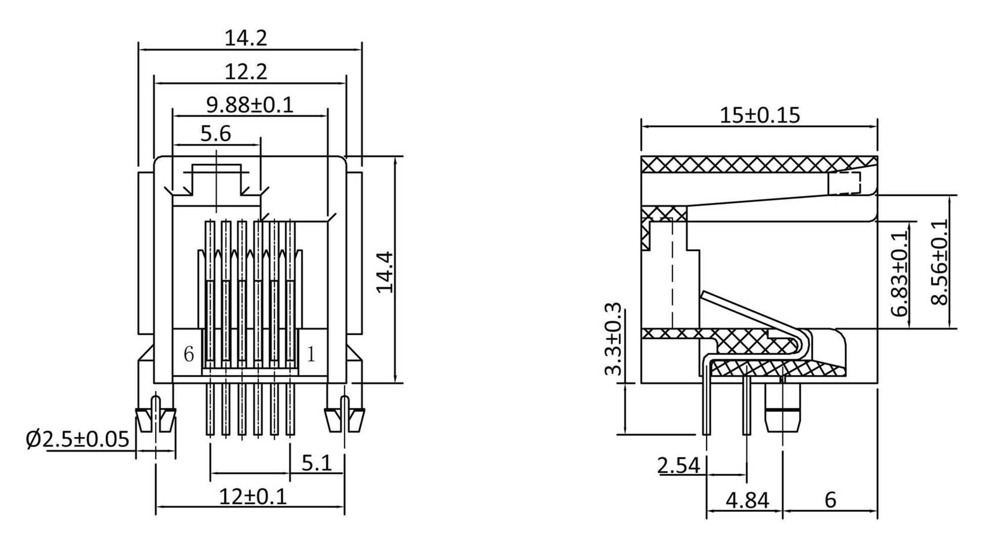 Dessin technique d'un composant électronique avec dimensions en millimètres. Présente les vues de face et latérales ainsi que la disposition des broches.