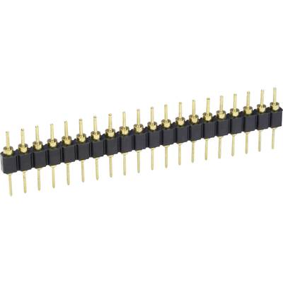 Une barrette de connexion à une rangée avec des broches dorées et un corps noir, adaptée aux connexions électroniques sur circuits imprimés.