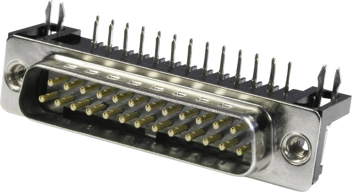 Une fiche métallique avec plusieurs petites broches dorées disposées en deux rangées, destinée à une connexion technique.