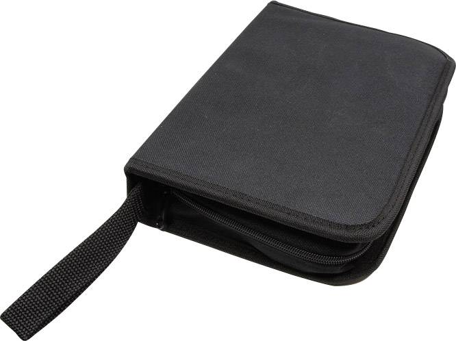 Pochette noire pour CD avec fermeture à glissière et lanière de transport, adaptée au rangement de CD ou de DVD.