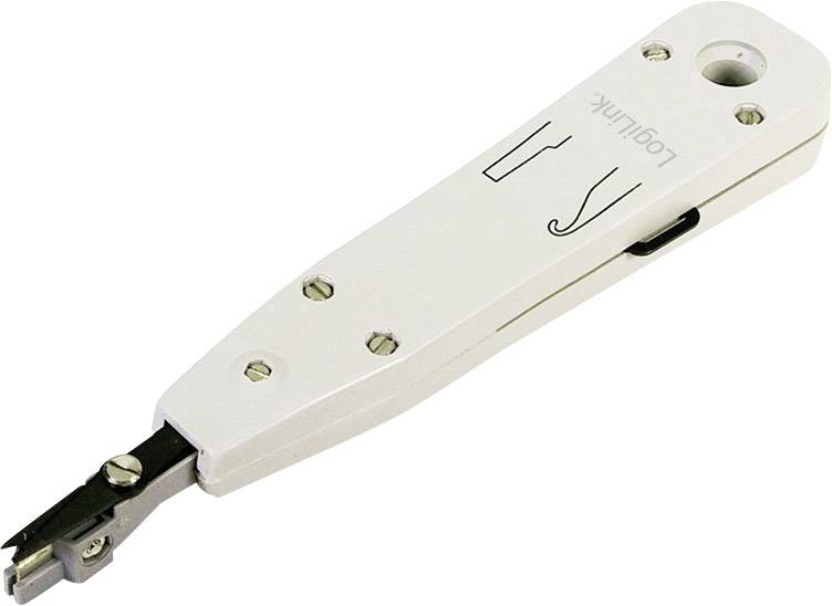 Un outil de dénudage LSA blanc et maniable avec un embout noir, utilisé pour couper et connecter des câbles réseau dans les boîtes de raccordement.