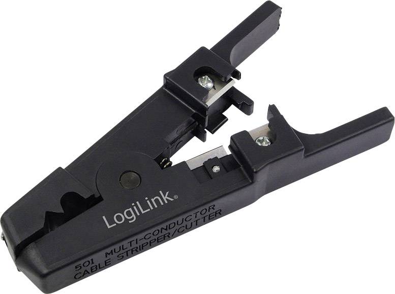 Outil de coupe-câble noir LogiLink avec l'inscription '501 Multi-Conductor Cable Stripper/Cutter', ouvert, sur fond blanc.