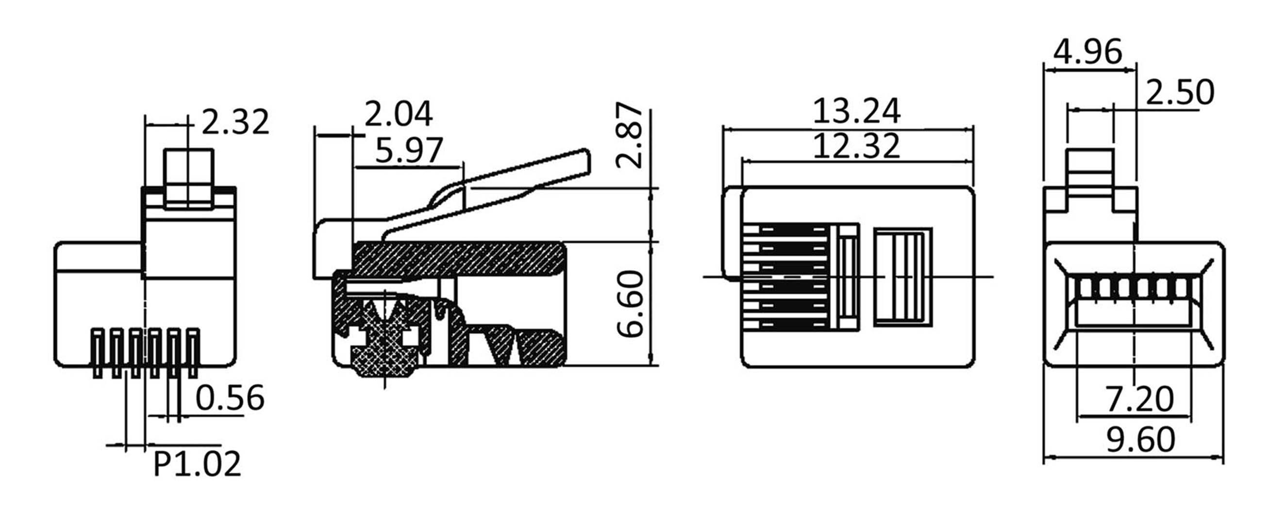 Dessin technique d'un connecteur modulaire avec différentes vues, dimensions et détails relatifs à sa structure et à ses possibilités de raccordement.