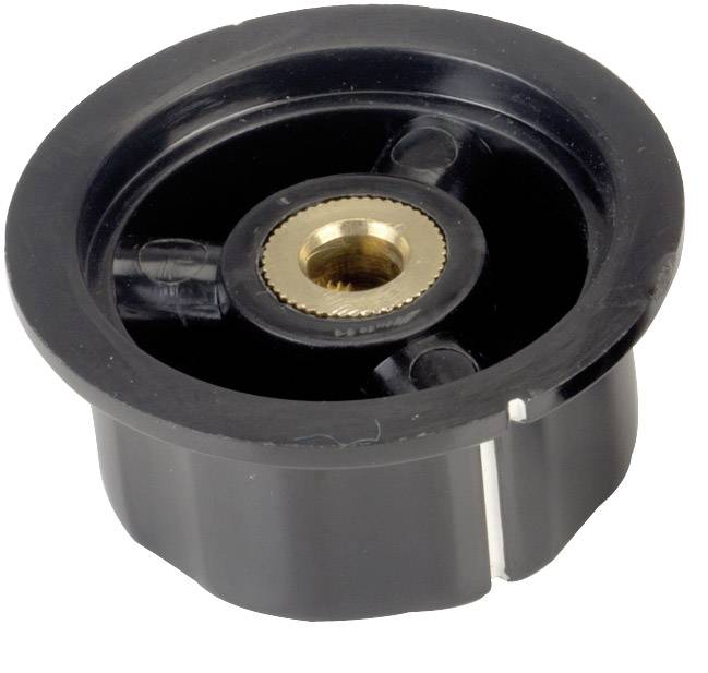 Roue en plastique noir avec noyau central en laiton, vue de dessus. Adaptée pour machines ou appareils.