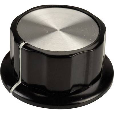 Bouton rotatif noir avec surface métallique et ligne de marquage blanche, utilisé pour régler des appareils.