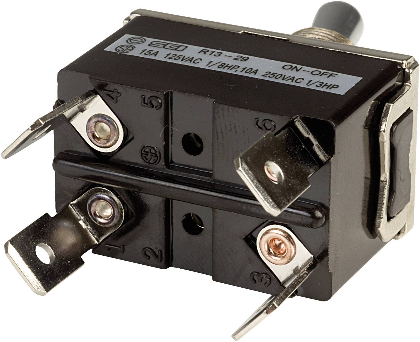 Un interrupteur à bascule noir avec des bornes métalliques, marqué 'ON-OFF', adapté pour 15A 125VAC ou 10A 250VAC.