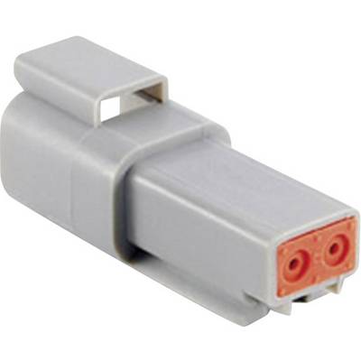 Connecteur gris et rouge de forme rectangulaire avec deux ouvertures rondes à l'avant. Utilisé pour des connexions électriques.