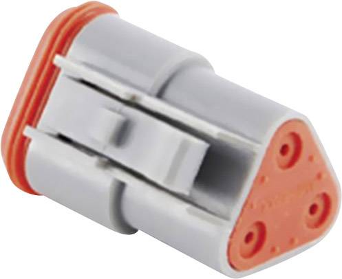 Un connecteur gris et orange avec trois ouvertures circulaires, adapté aux connexions électriques.