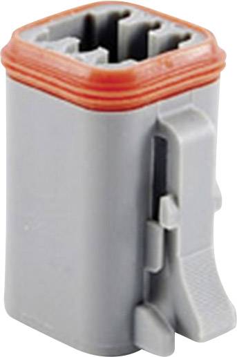 'Un connecteur rectangulaire gris avec un joint d'étanchéité rouge et un clip latéral de fixation.'