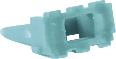 Un clip en plastique vert en gros plan, probablement une partie d'un mécanisme plus large, est posé sur un fond blanc.