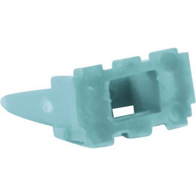 Un clip en plastique vert en gros plan, probablement une partie d'un mécanisme plus large, est posé sur un fond blanc.