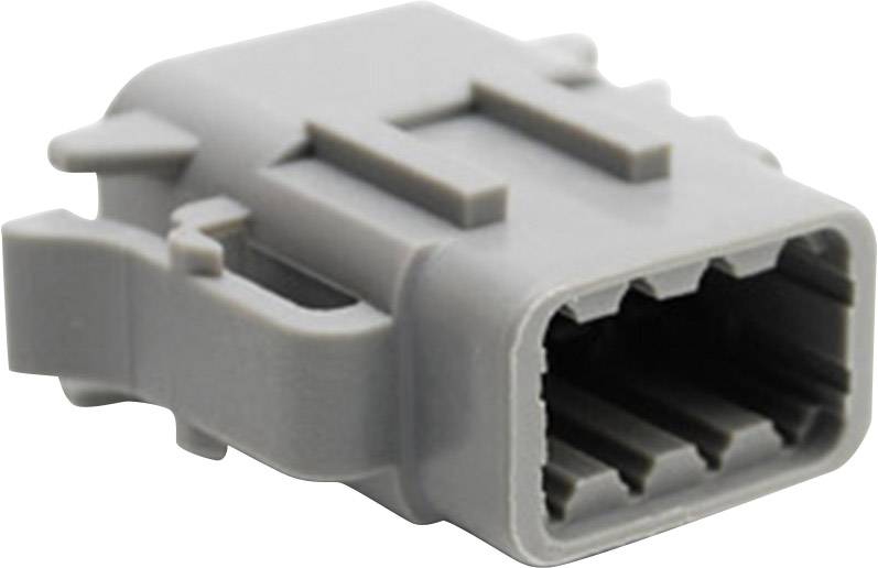 Connecteur rectangulaire gris en plastique avec plusieurs rainures et emplacements, adapté aux connexions électriques dans les véhicules.