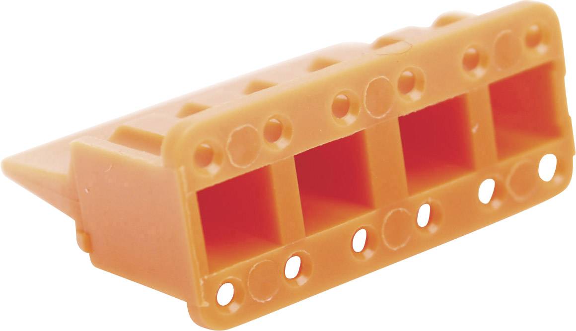 Un élément en plastique orange avec quatre ouvertures rectangulaires et plusieurs trous de fixation, probablement une pièce de connexion ou un connecteur.