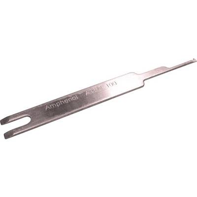 Un outil en métal argenté portant l'inscription 'Amphenol ATRE-100', utilisé pour retirer les broches des connecteurs.