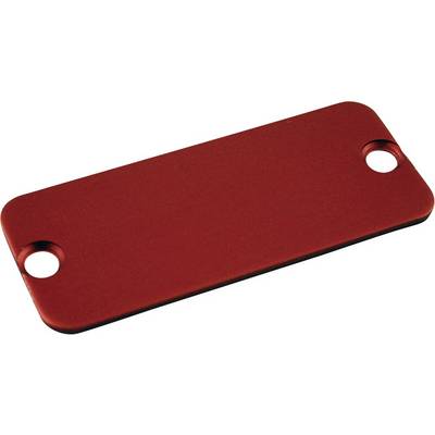 Plaque rectangulaire rouge en tôle avec des coins arrondis et deux trous sur les côtés les plus courts, généralement utilisée à des fins de fixation.