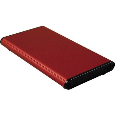Boîtier de disque dur externe mince en métal rouge, avec des extrémités noires.