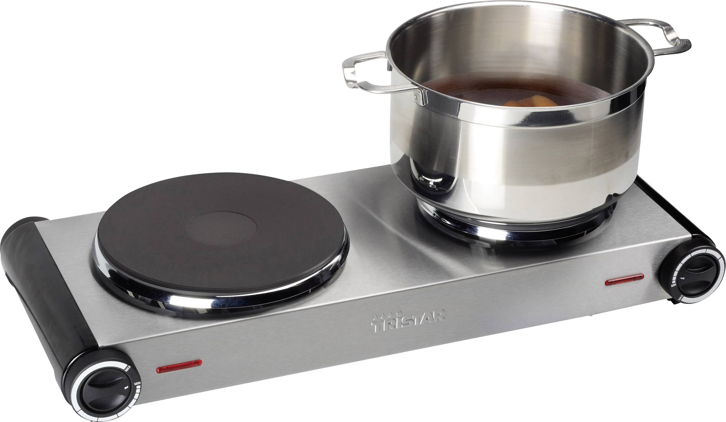 Deux plaques de cuisson électriques, dont une avec une casserole contenant un liquide en ébullition. Les plaques sont de couleur argent, idéales pour les cuisines compactes.