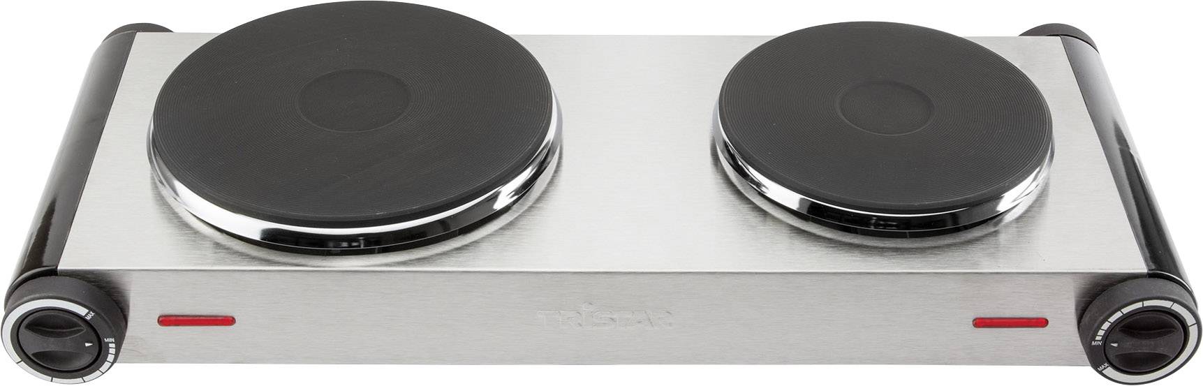 Plaque de cuisson double en acier inoxydable avec deux plaques de cuisson noires de différentes tailles, adaptée à la cuisine dans un espace réduit.