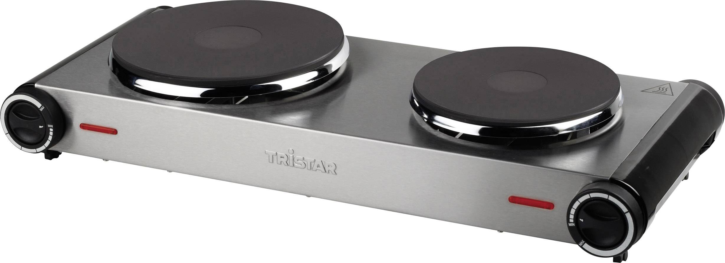 Plaque de cuisson double compacte en argent avec deux surfaces de chauffe noires et des boutons de réglage sur les côtés. Idéale pour les petites cuisines.