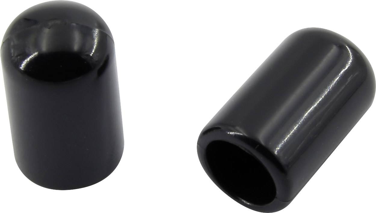 Deux bouchons en plastique noir cylindriques, l'un debout, l'autre couché. Adaptés pour couvrir ou protéger des tubes ou des tiges.