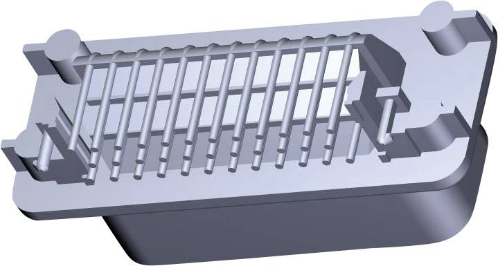 Un modèle 3D d'un connecteur rectangulaire avec plusieurs contacts parallèles. Le connecteur a des angles arrondis et est gris.