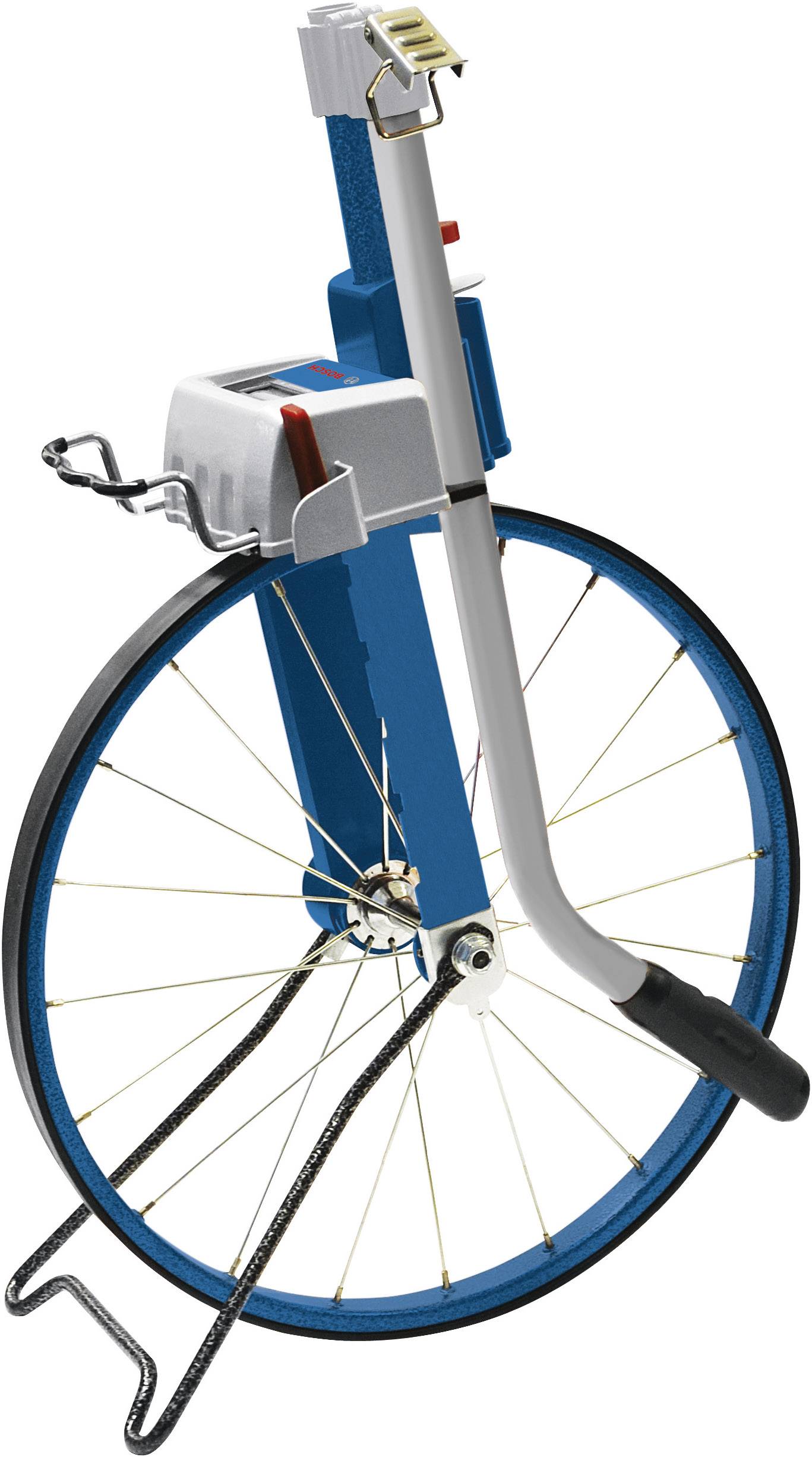 Outil monocycle avec support bleu et dispositif électrique, monté sur un support. Probablement destiné à des mesures ou des applications spécifiques.