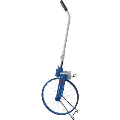 Un compteur de distance bleu avec une grande roue et un affichage numérique. Utilisé pour mesurer les distances au sol.