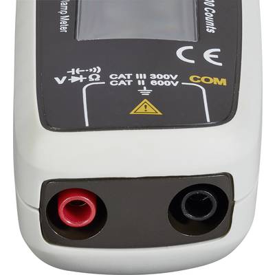 Multimètre avec deux connexions pour câbles de mesure, marquage CE, symbole d'avertissement et indication de la catégorie de mesure (CAT III 300V, CAT II 600V).