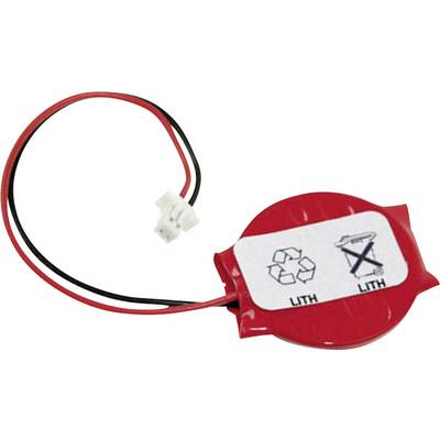Batterie ronde rouge avec câble et fiche. L'autocollant affiche des symboles de recyclage et d'élimination avec le mot 'LITH'.