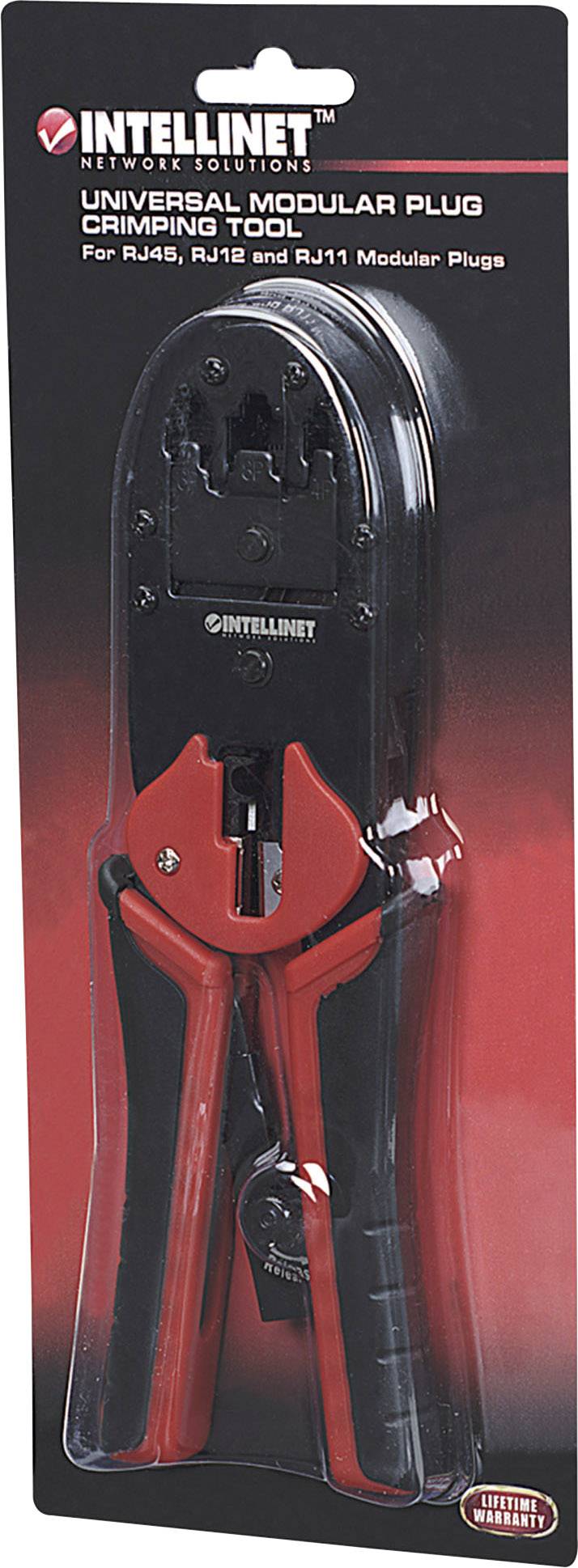 Outil de sertissage modulaire universel Intellinet en design noir et rouge, conditionné dans un emballage. Adapté aux connecteurs RJ45, RJ12 et RJ11.