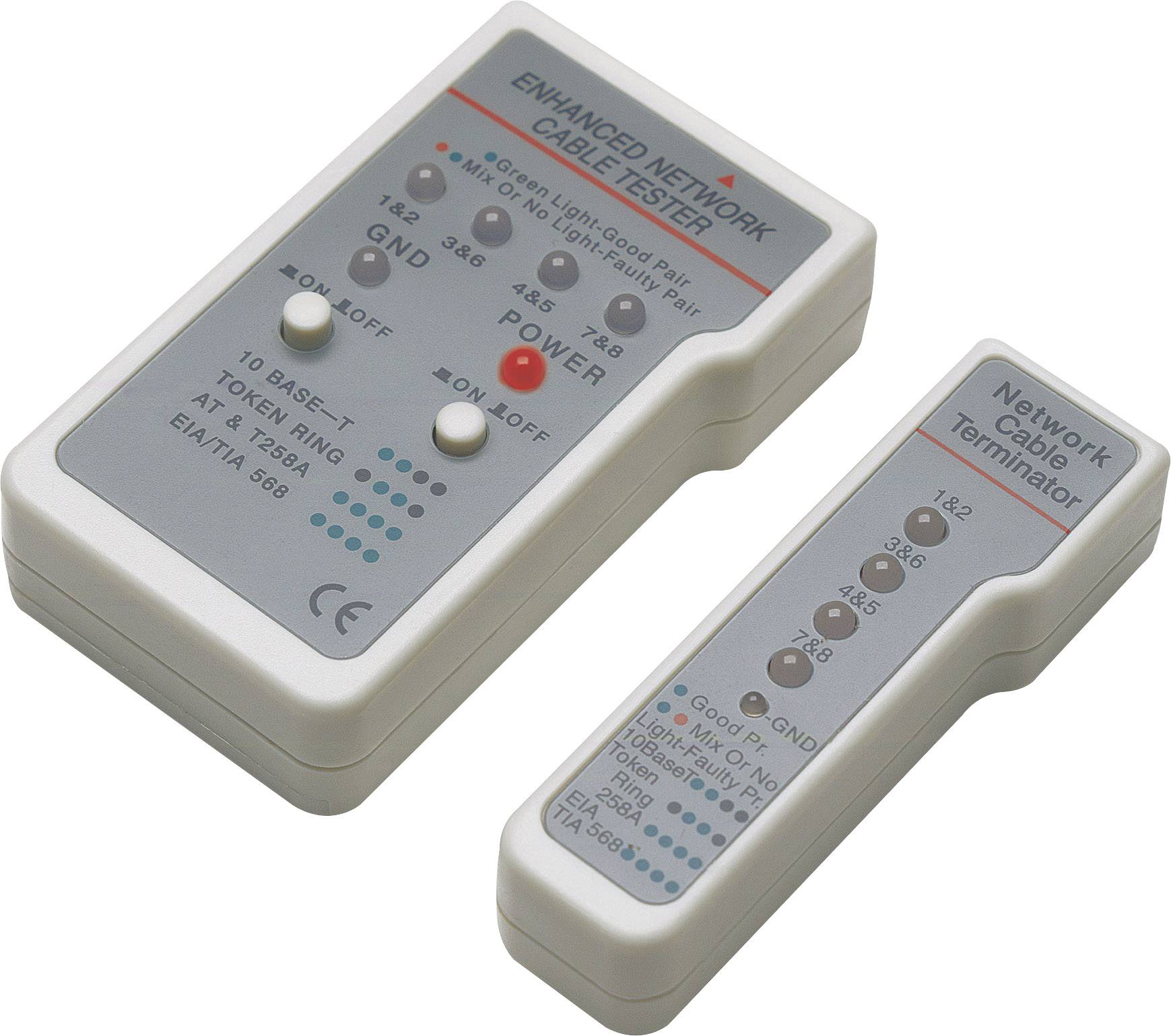 Testeur de câble réseau et terminateur, affiche le statut d'alimentation et les tests de connexion. Appareil principal et petit terminateur.