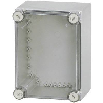 Boîte de raccordement gris-transparente avec quatre vis argentées aux angles.
