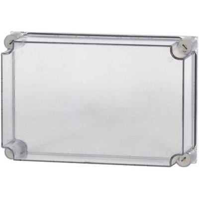 Couvercle en plastique transparent pour un dispositif rectangulaire, fixé avec quatre vis aux angles.