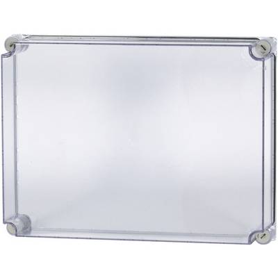Couvercle transparent d'un boîtier rectangulaire en plastique fixé par des vis dans les coins.