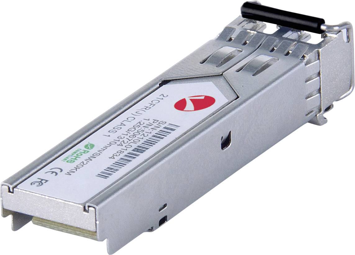 Un module SFP dans un boîtier en aluminium, utilisé pour la transmission de données dans les réseaux.