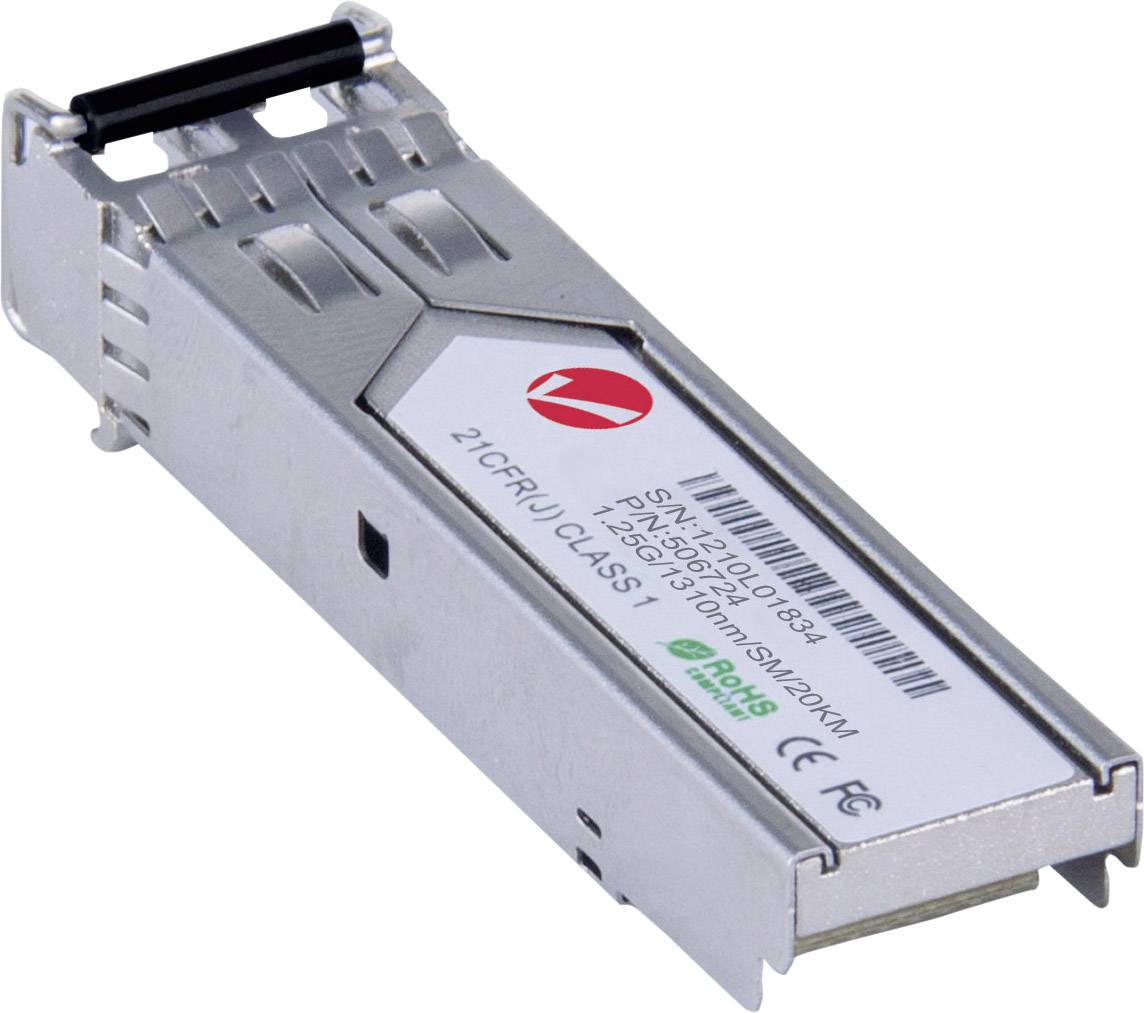 Un module argenté portant l'inscription '21CFR1040.10' et des indications de fabricant, utilisé pour la transmission de données dans des équipements réseau.