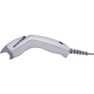 Un scanner à main gris avec câble USB, utilisé pour la lecture de codes-barres dans les environnements de vente au détail ou de stockage.