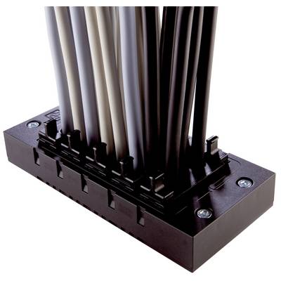 Plusieurs câbles blancs et noirs sont organisés dans un support noir fixé par des vis.