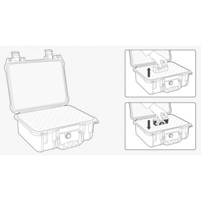 Une valise ouverte avec un intérieur en mousse. Deux illustrations à droite montrent l'insertion d'un objet rectangulaire et d'un objet rond.