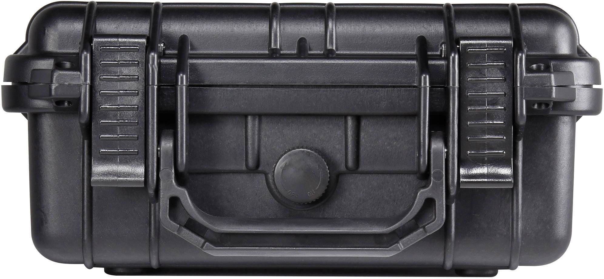 Valise rigide noire, robuste, avec poignée pliante, adaptée au transport sécurisé d'objets fragiles.