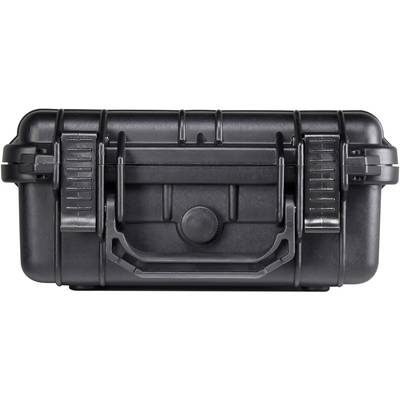Valise rigide noire, robuste, avec poignée pliante, adaptée au transport sécurisé d'objets fragiles.