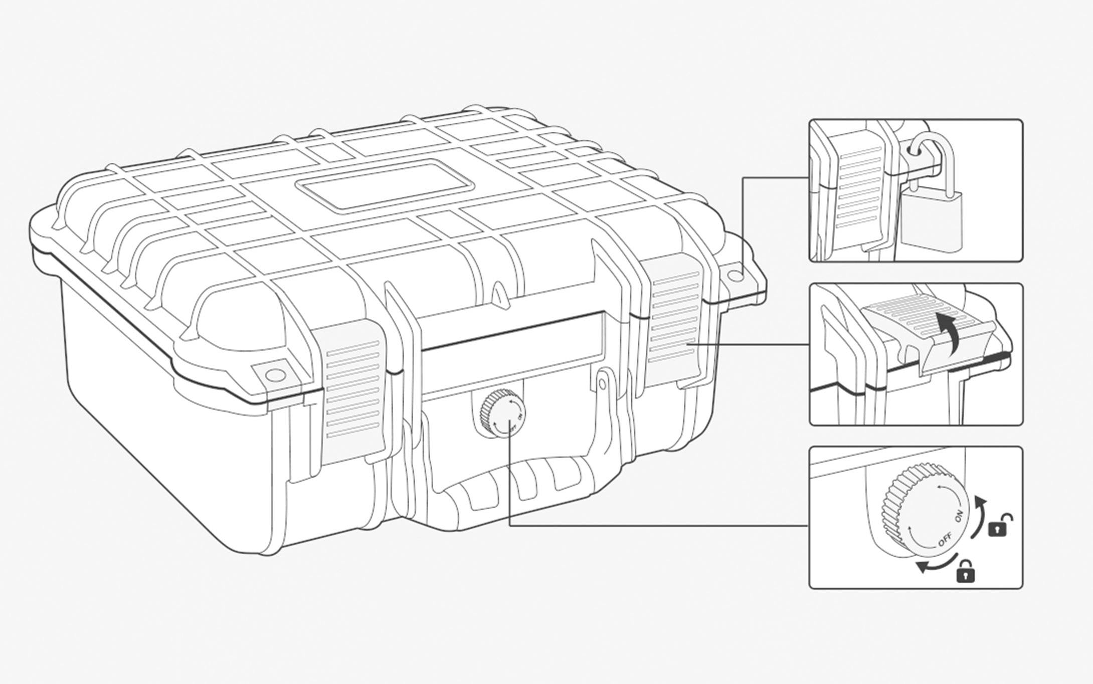 Dessin d'un coffret de protection robuste avec un verrou à loquet et un bouton rotatif de verrouillage. Des vues détaillées illustrent les mécanismes de fermeture.