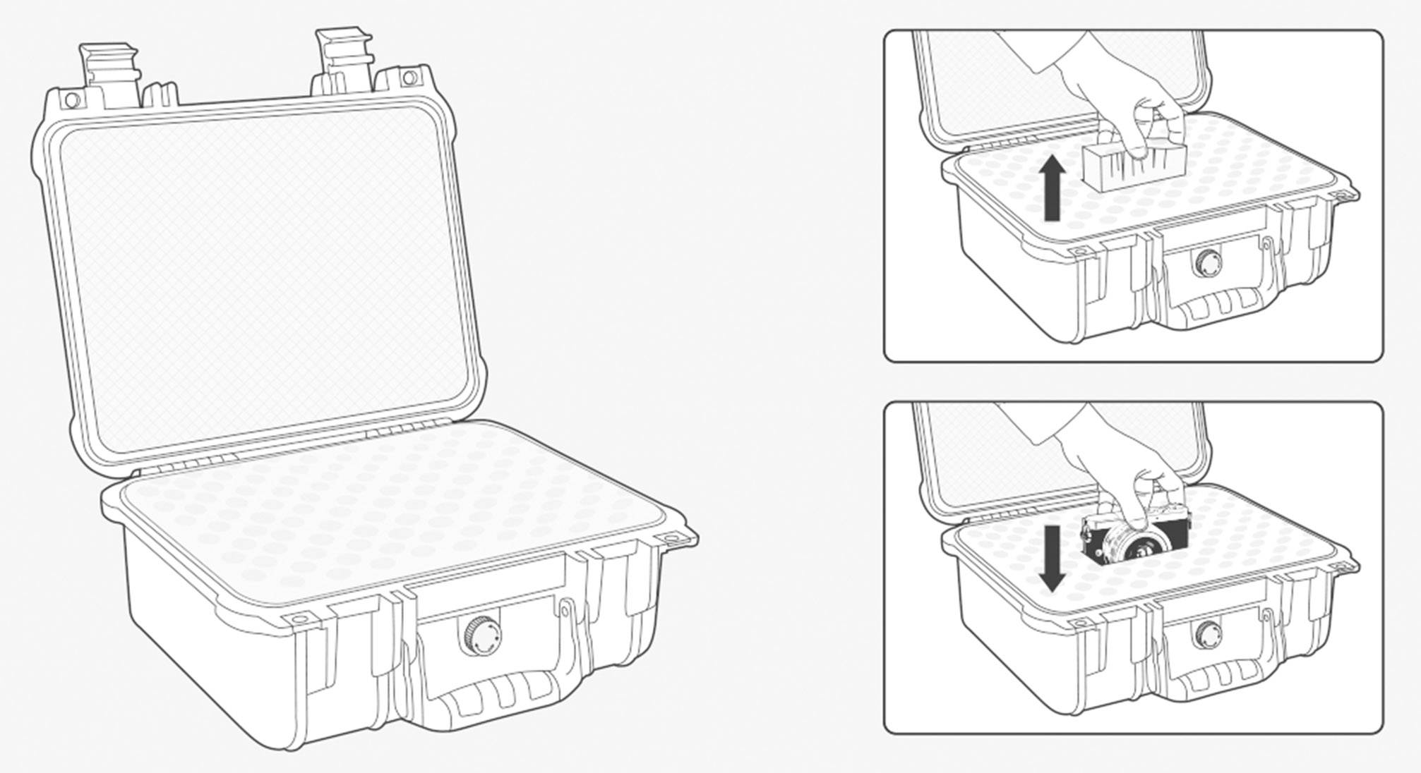 Une valise ouverte avec un intérieur en mousse. Deux instructions montrent comment retirer la mousse et placer un objet à l'intérieur.