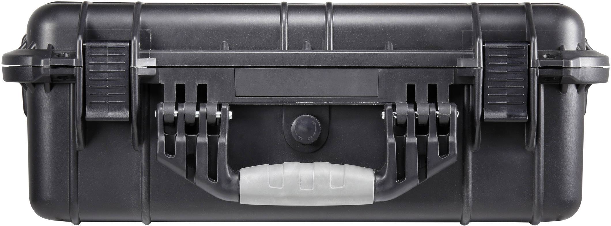 Une valise noire, robuste, avec des fermoirs métalliques et une poignée solide au centre.