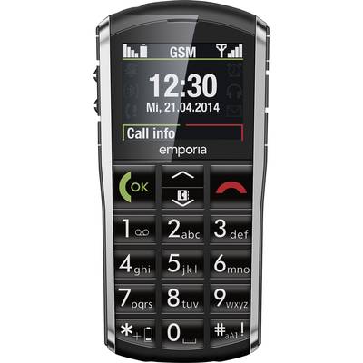 Un téléphone mobile à grandes touches avec un écran affichant '12:30 Me, 21.04.2014'. Le texte 'Call info' est mis en évidence.