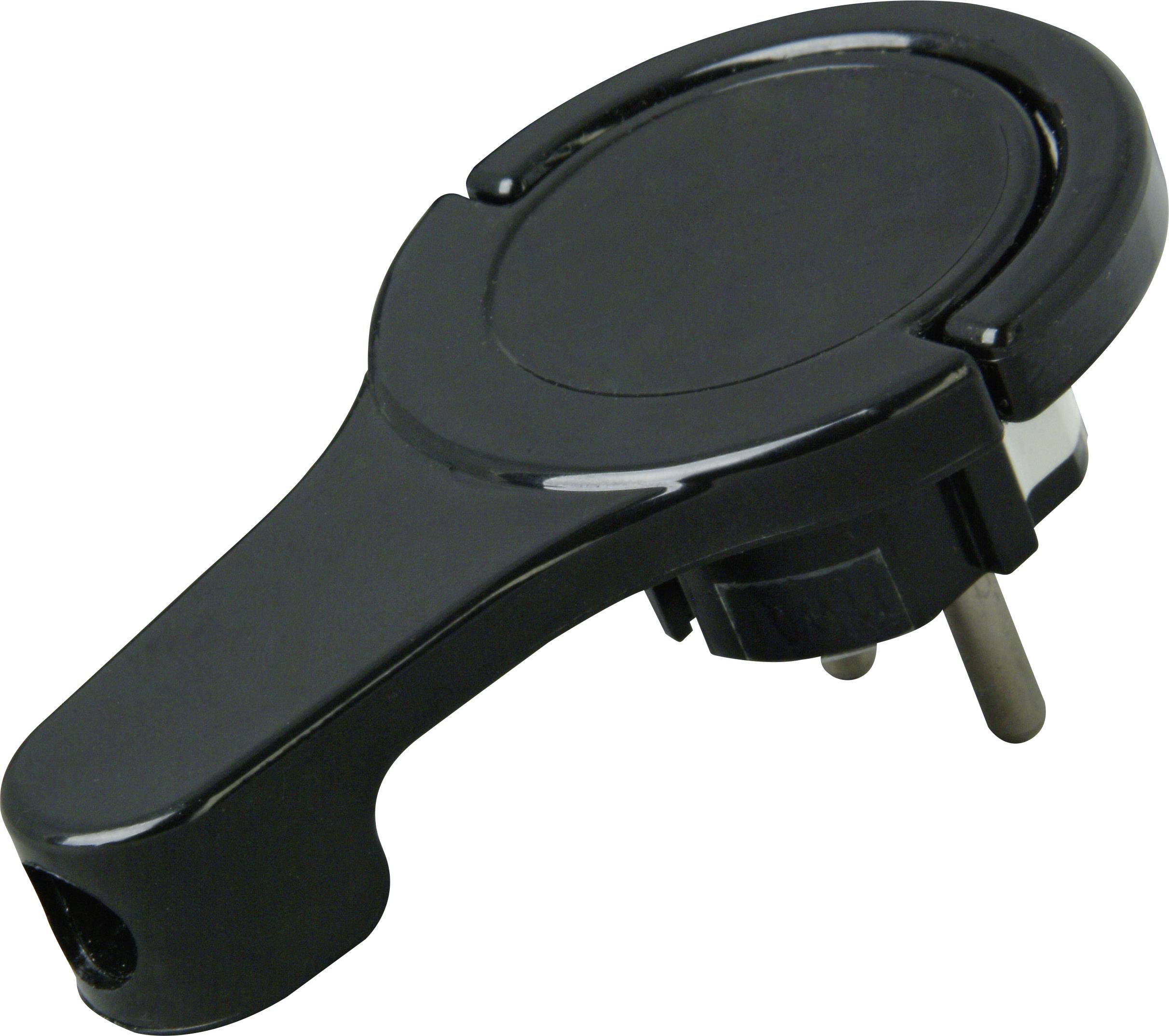 Un adaptateur noir sans identification de marque visible, adapté pour connecter des appareils électriques à une source d'alimentation.