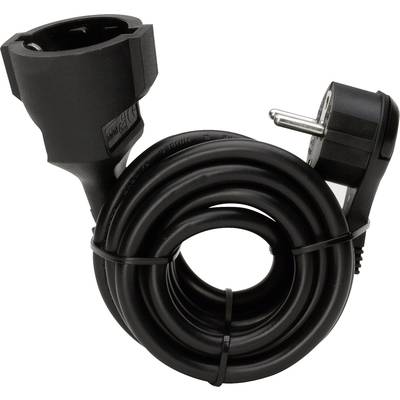 Un câble d'alimentation noir enroulé, avec une fiche et un coupleur Schuko, utilisé pour alimenter des appareils électriques.