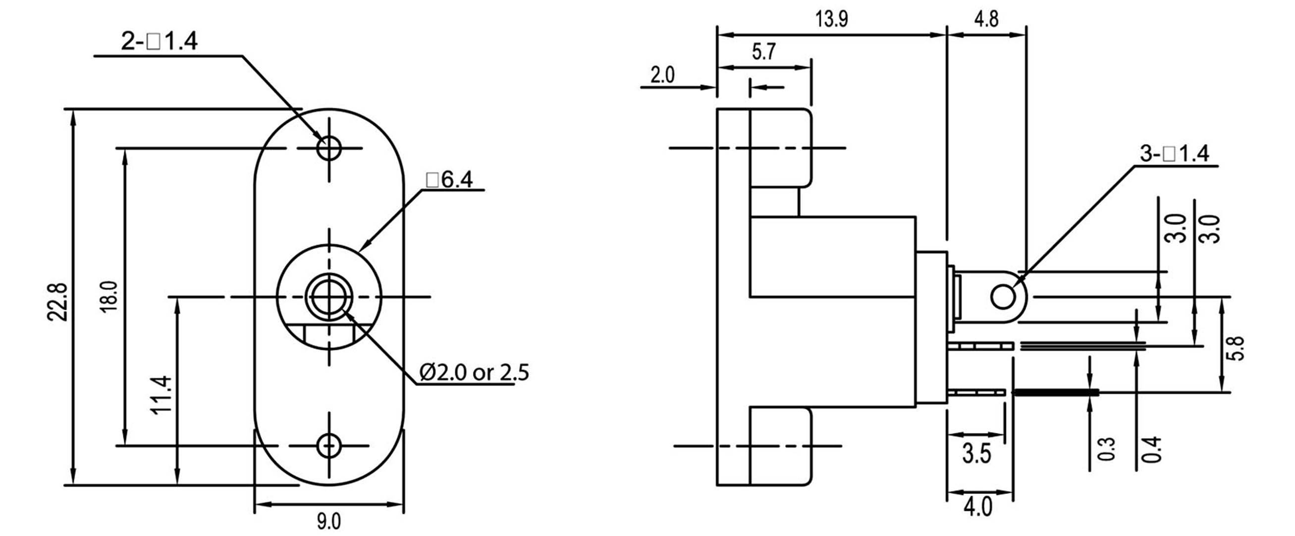 Dessin technique d'un composant mécanique avec vue latérale et frontale. Les dimensions et les positions des trous sont indiquées.